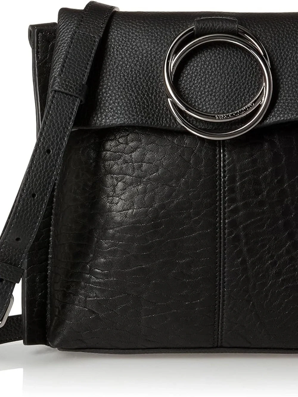 Vince Camuto Livy Large Crossbody Black Leather Bag with Silver Ring Accent